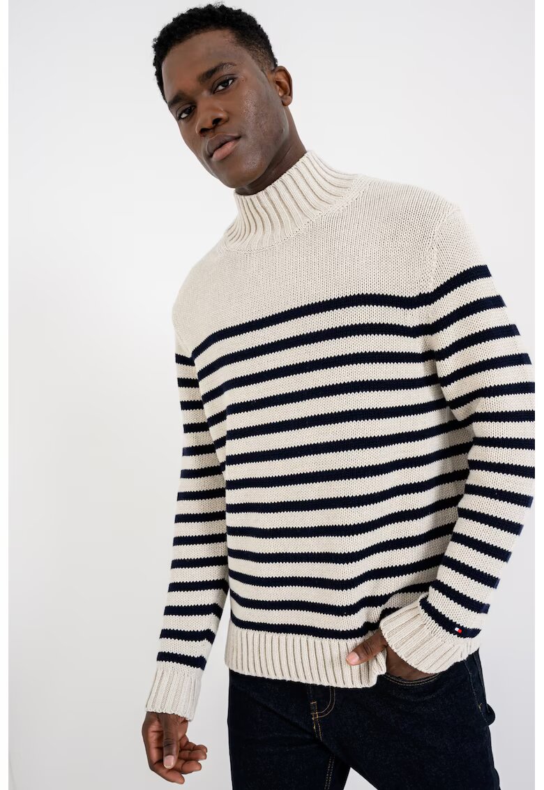 Tommy Hilfiger Pulover din bumbac cu dungi - Bej/Bleumarin