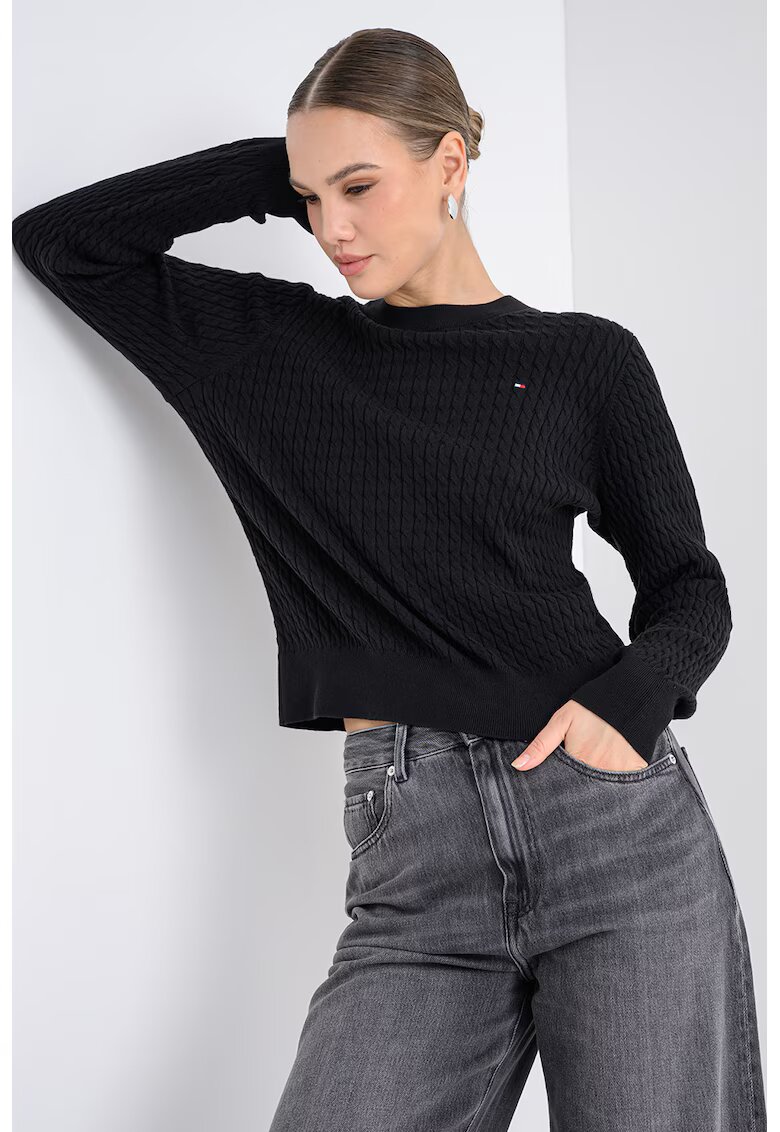 Tommy Hilfiger Pulover din bumbac organic cu model torsade - Negru