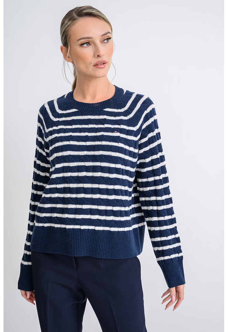 Tommy Hilfiger Pulover din lana cu design torsade - Alb/Bleumarin