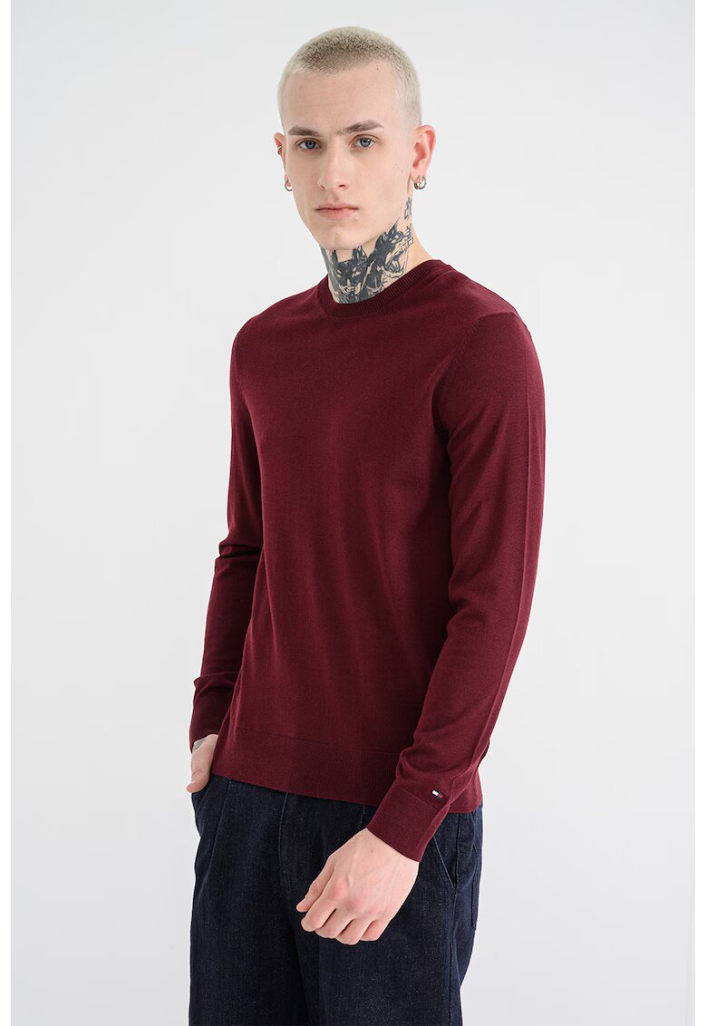 Tommy Hilfiger Pulover din lana merinos cu decolteu la baza gatului - Visiniu