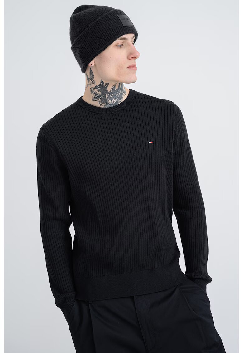 Tommy Hilfiger Pulover uni cu striatii - Negru