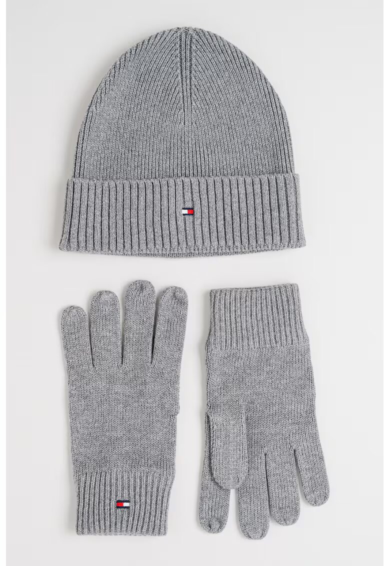 Tommy Hilfiger Set de manusi si caciula din amestec de casmir Flag - Gri cenusiu