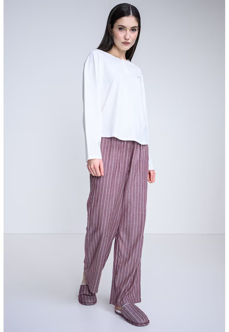 Tommy Hilfiger Set de pijama cu pantaloni lungi - croiala lejera si papuci - Visiniu/Alb murdar