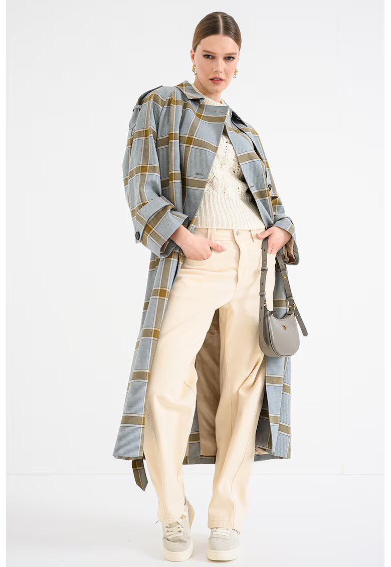 Tommy Hilfiger Trenci lung din amestec de lana cu model in carouri - Kaki/Albastru