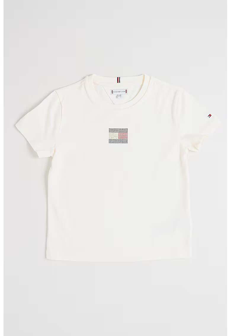 Tommy Hilfiger Tricou cu logo din strasuri - Alb fildes/Argintiu