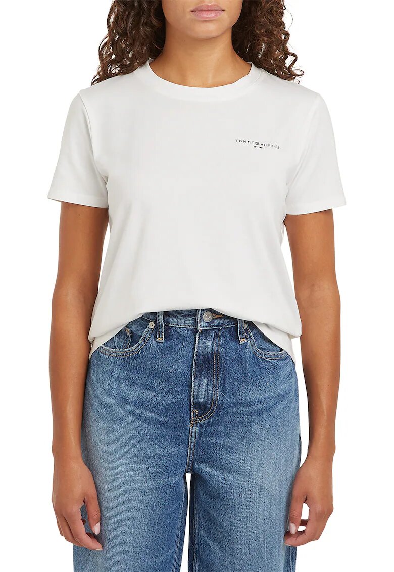 Tommy Hilfiger Tricou din amestec de bumbac organic cu decolteu la baza gatului - Alb fildes/Negru