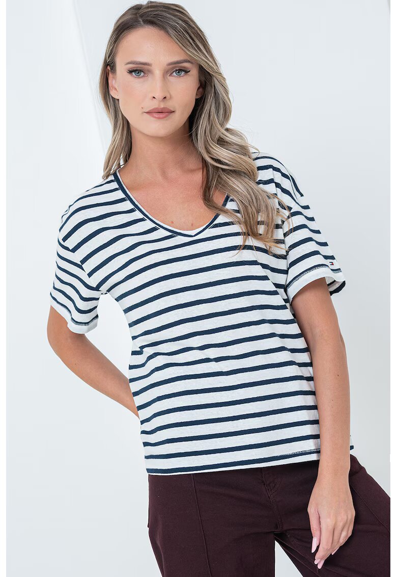 Tommy Hilfiger Tricou lejer din amestec de in cu model in dungi si decolteu in V - Alb murdar/Bleumarin