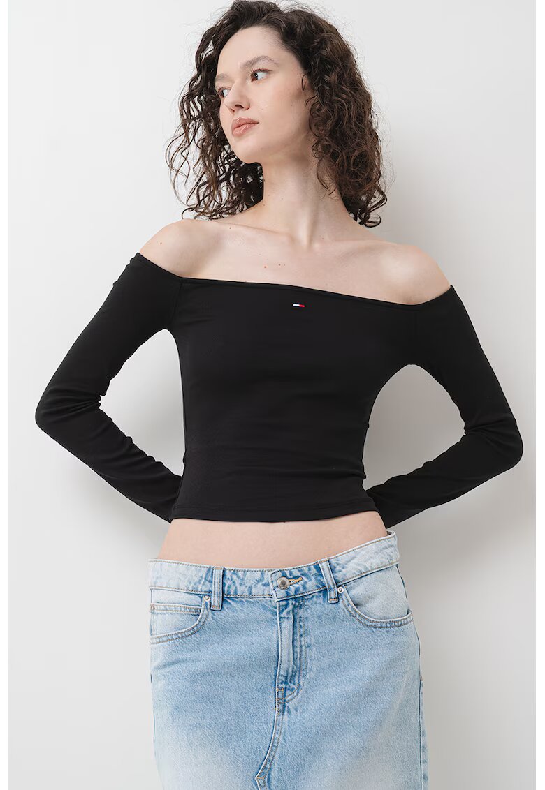 Tommy Jeans Bluza crop cu decolteu pe un umar - Negru
