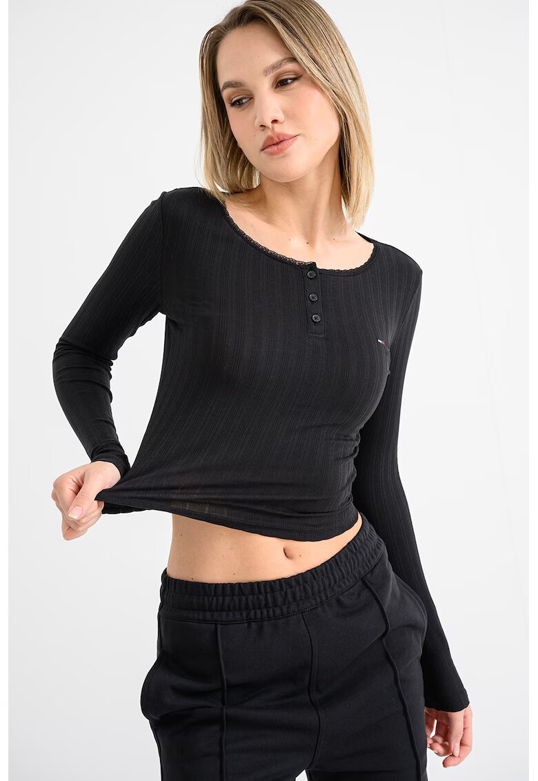 Tommy Jeans Bluza crop cu decolteu rotund - Negru