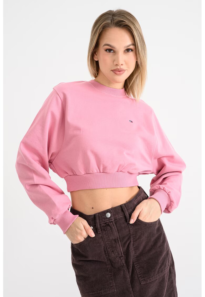 Tommy Jeans Bluza crop de trening cu model uni - Roz