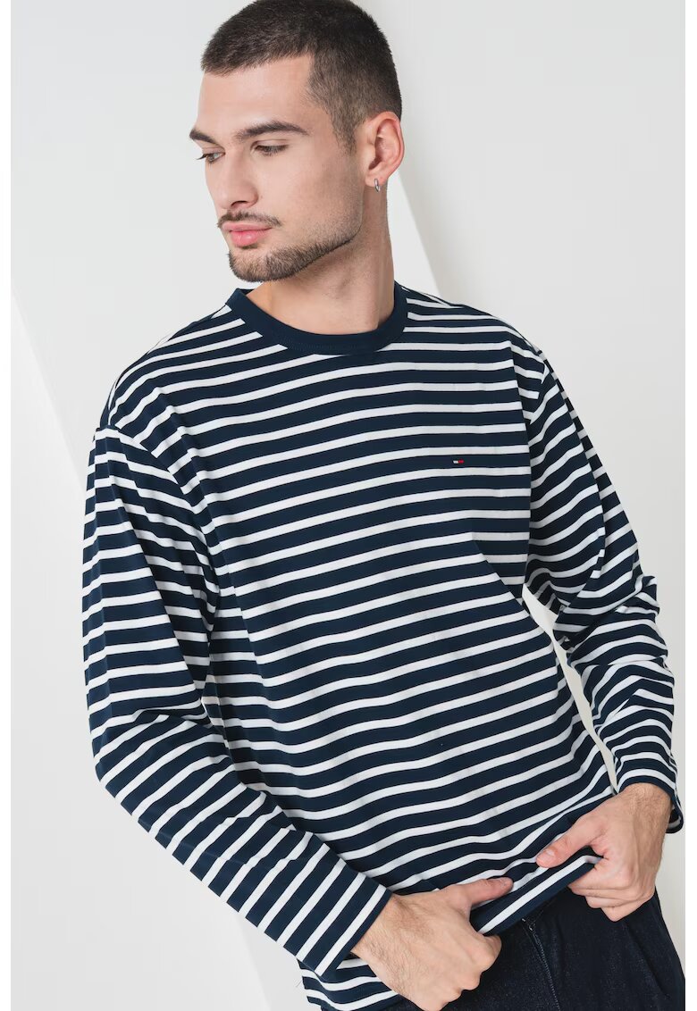Tommy Jeans Bluza din amestec de bumbac organic cu model in dungi - Alb/Albastru ultramarin