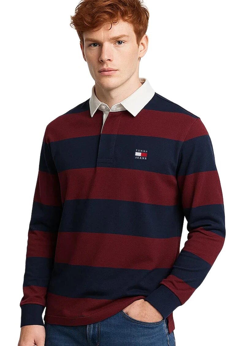 Tommy Jeans Bluza polo barbati cu imprimeu in dungi DM0DM19621 - Rosu/Bleumarin