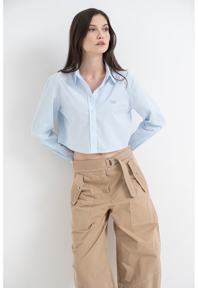 Tommy Jeans Camasa crop cu maneci lungi - Alb/Albastru deschis