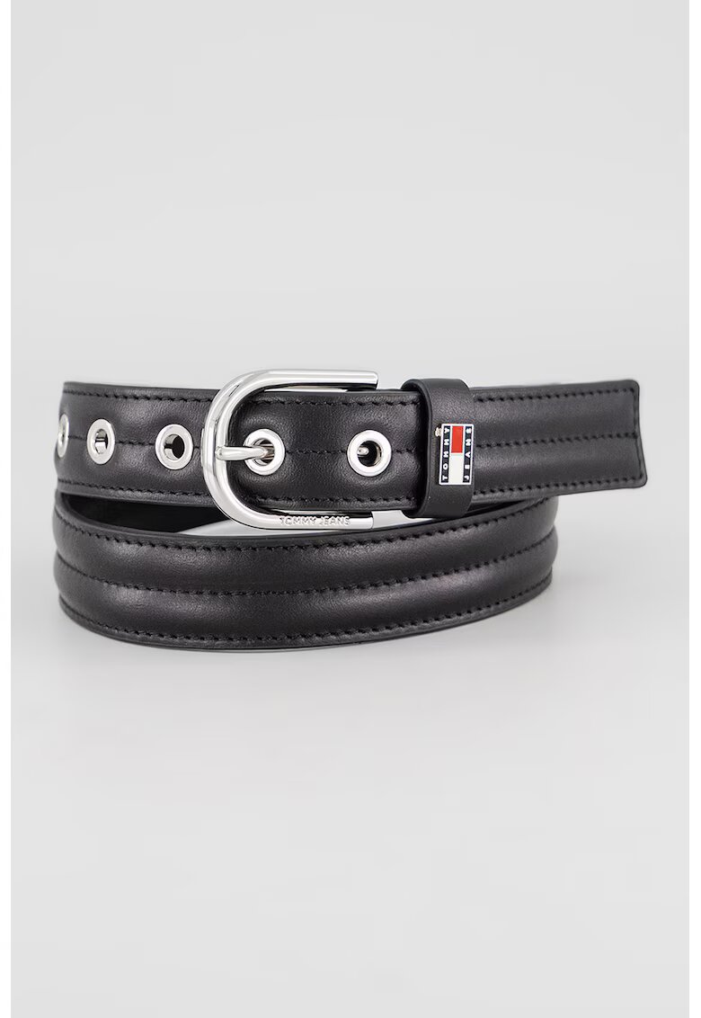 Tommy Jeans Curea din piele cu aplicatie logo metalica - Negru