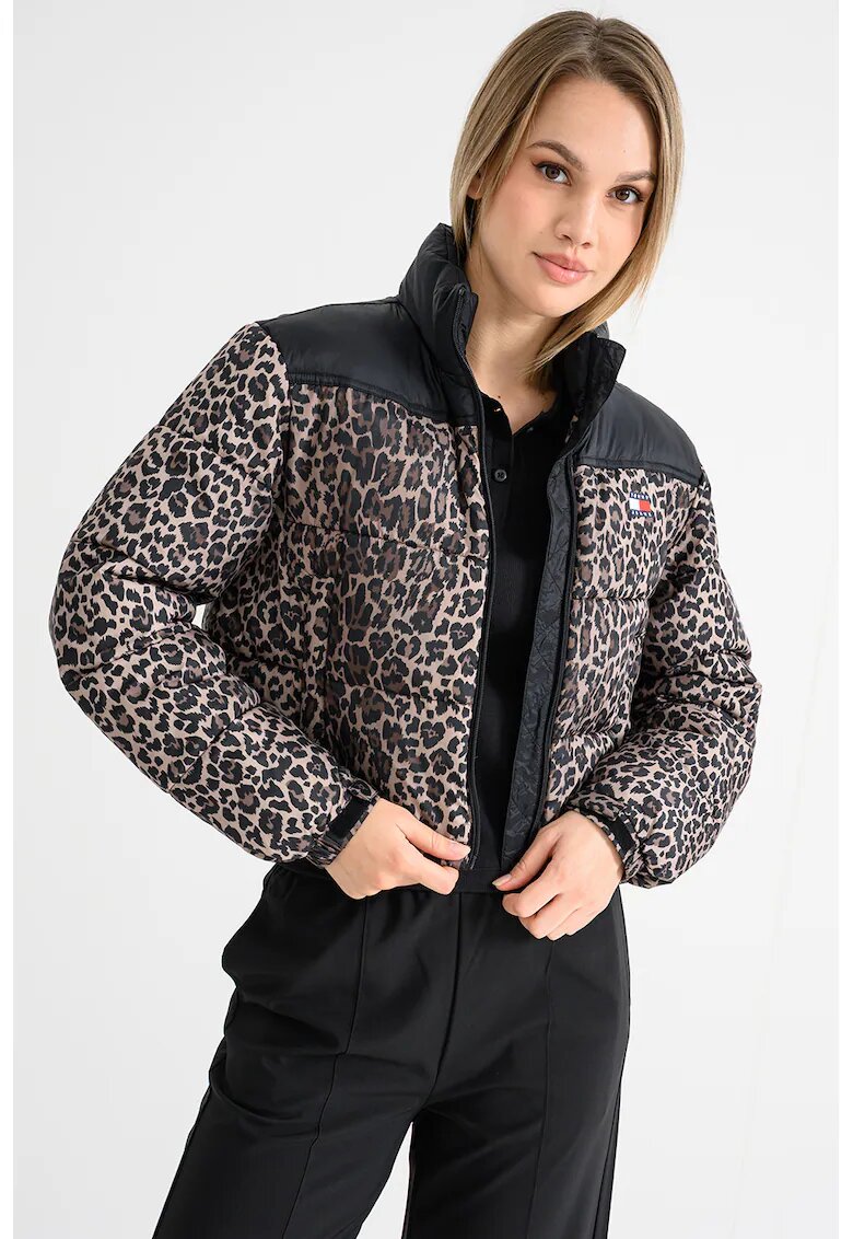 Tommy Jeans Geaca scurta cu guler inalt si animal print - Negru/Maro