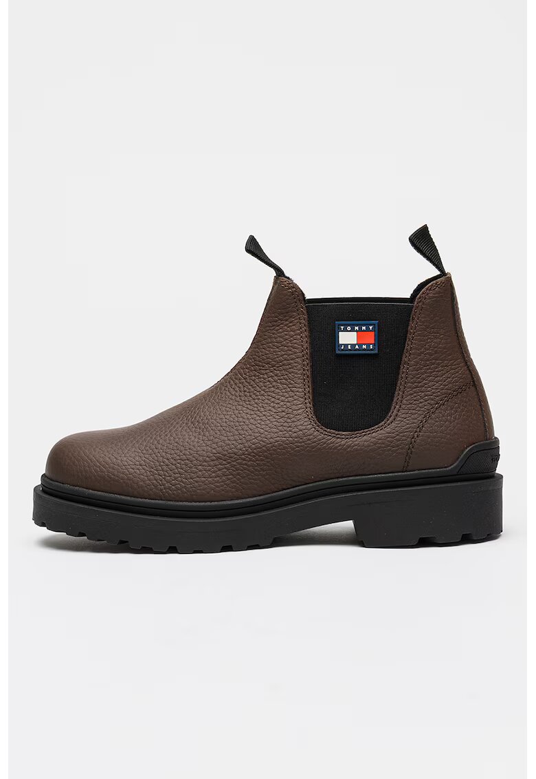 Tommy Jeans Ghete Chelsea din piele cu logo - Maro inchis