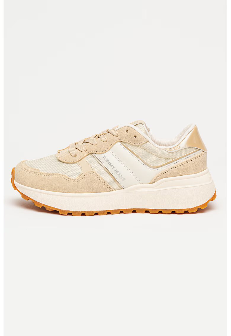 Tommy Jeans Pantofi sport low-cut cu talpa wedge si segmente din piele intoarsa - Alb/Bej