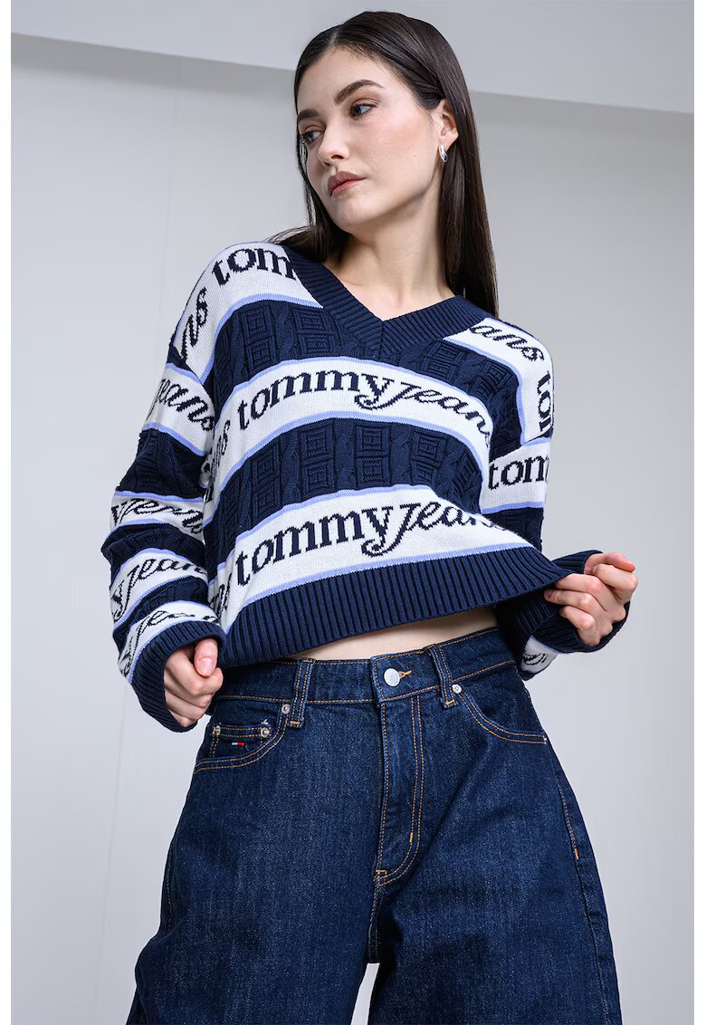 Tommy Jeans Pulover crop din bumbac organic - Alb/Bleumarin