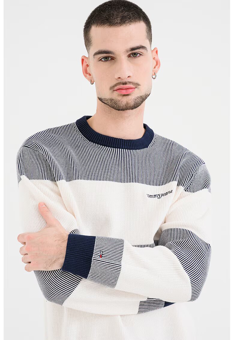 Tommy Jeans Pulover cu decolteu la baza gatului si imprimeu logo - Alb/Bleumarin