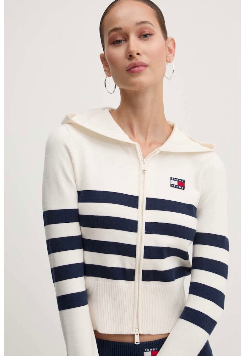 Tommy Jeans Pulover cu fermoar si imprimeu in dungi - Bej