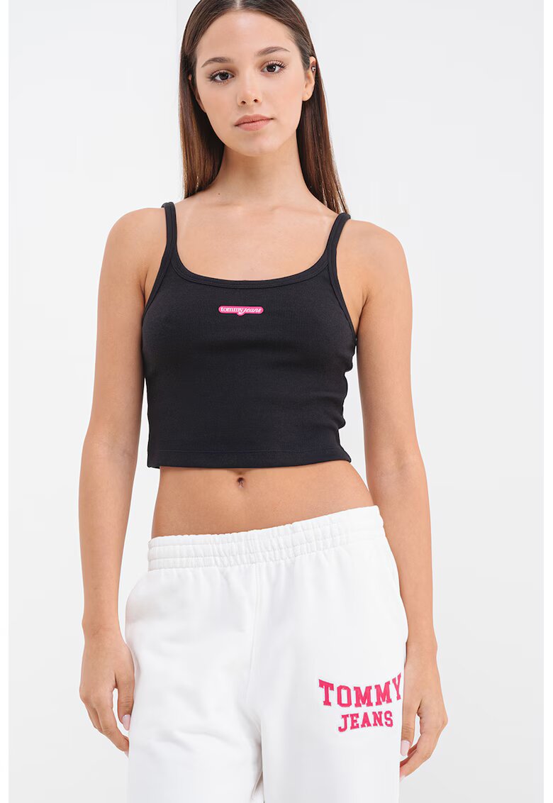 Tommy Jeans Top crop cu detaliu cu logo discret - Negru