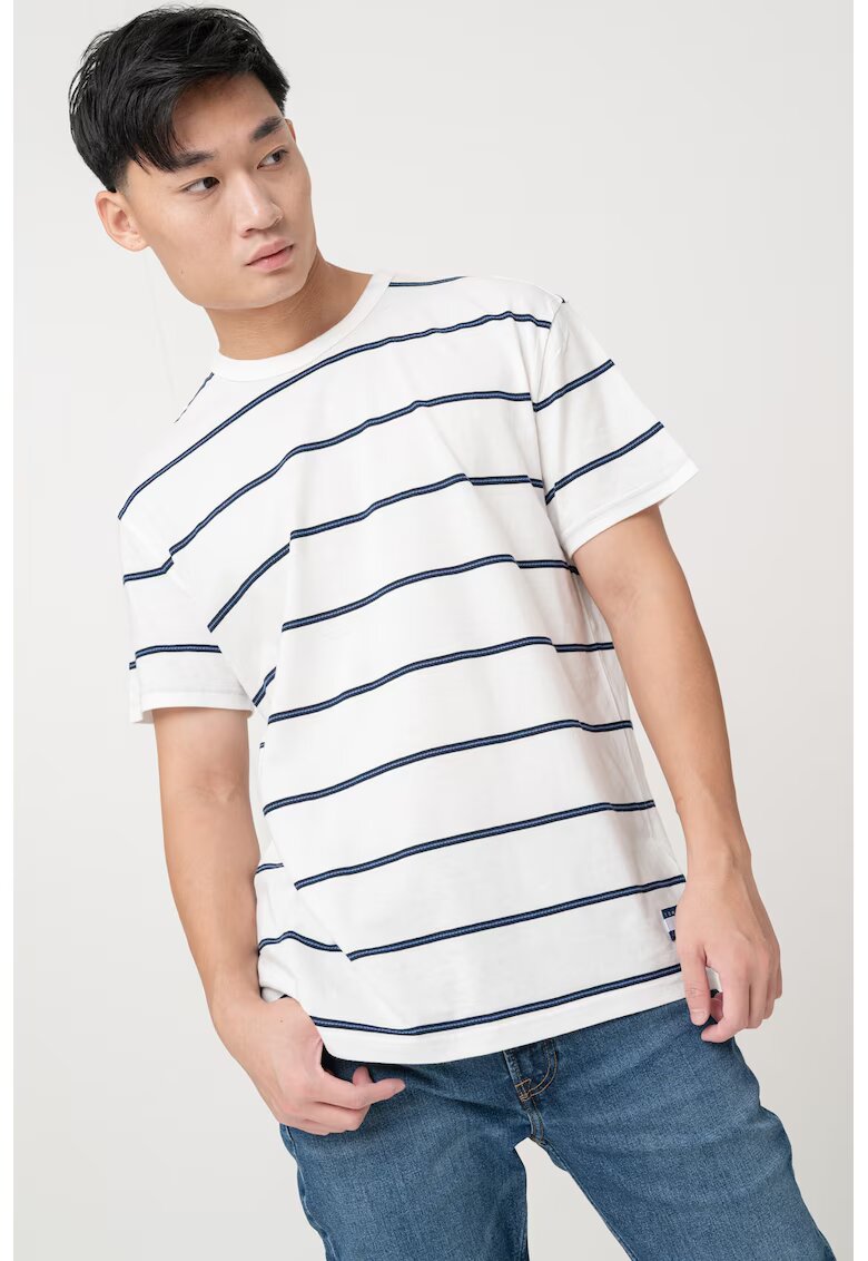 Tommy Jeans Tricou cu decolteu la baza gatului si model in dungi - Alb/Albastru ultramarin