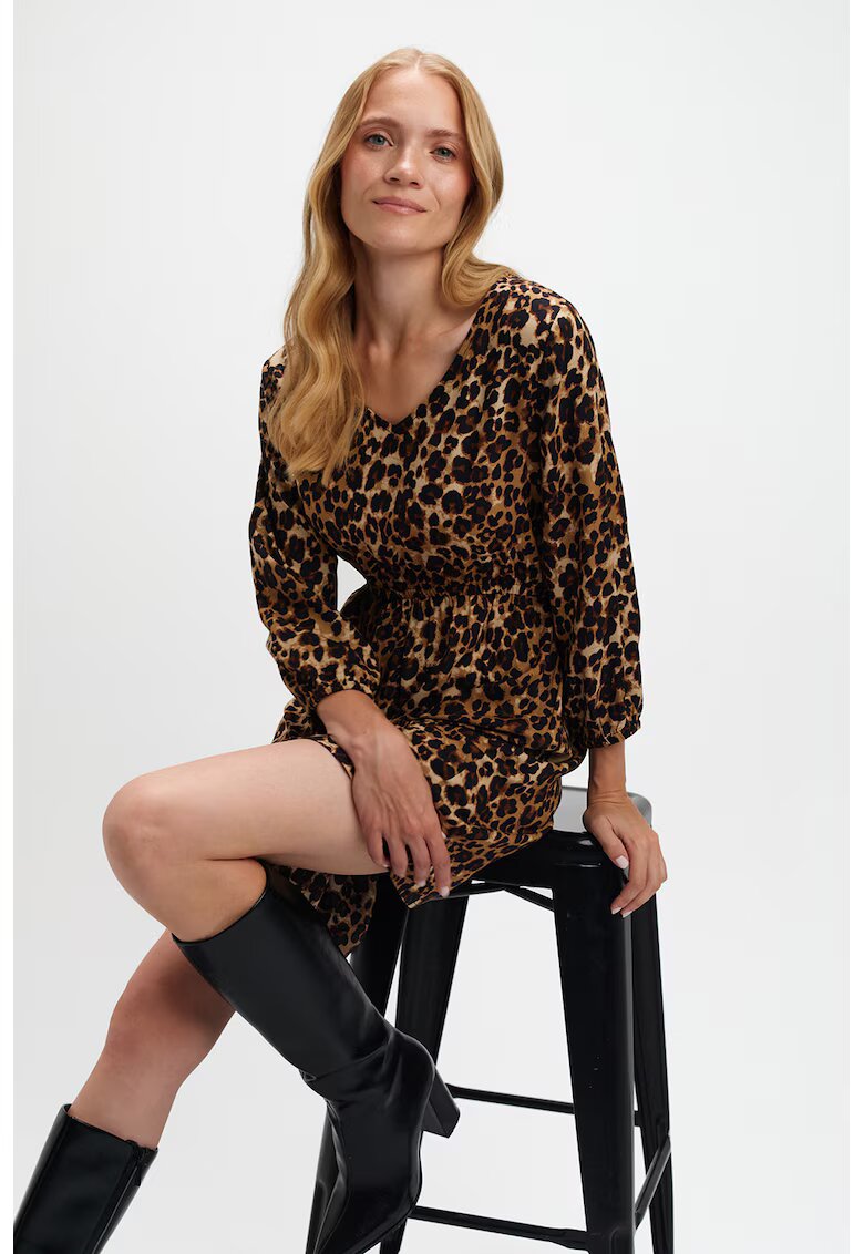 Top Secret Rochie cu decolteu in V si animal print - Negru/Bej