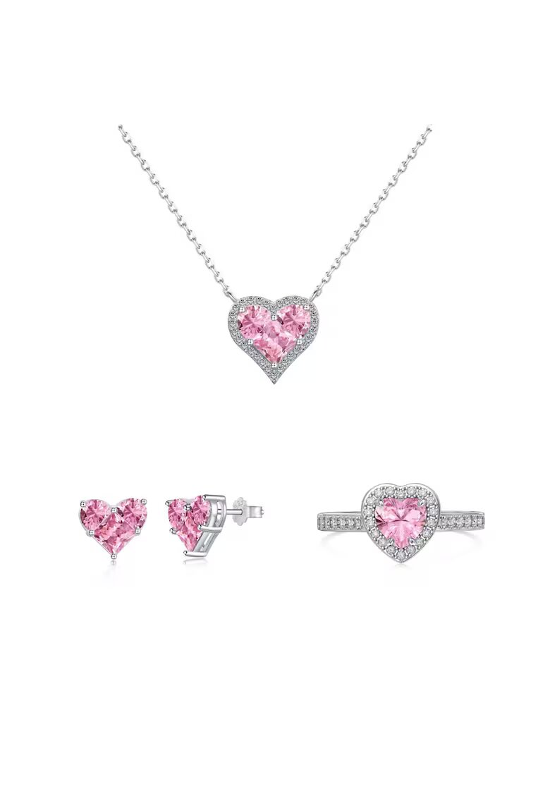 UNA VIDA Set Valentine's Colier - Cercei si Inel Inimioara Roz - pentru femei - Roz deschis