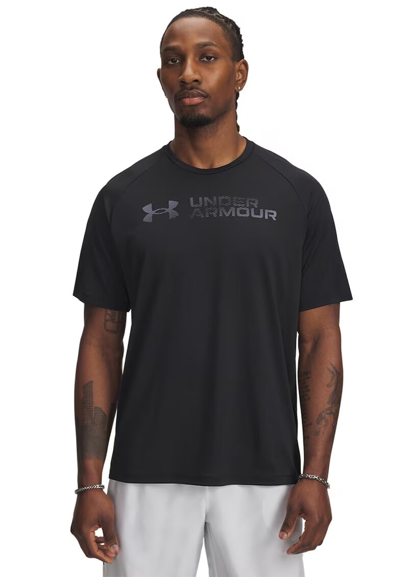 Under Armour Tricou cu decolteu rotund si imprimeu pentru antrenament - Negru stins/Gri inchis