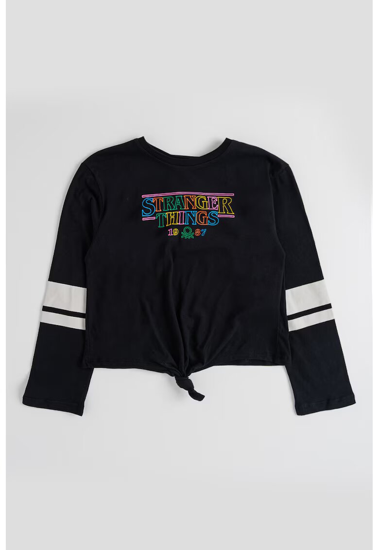United Colors of Benetton Bluza cu imprimeu cu tematica Stranger Things si detaliu nod - Negru/Grej