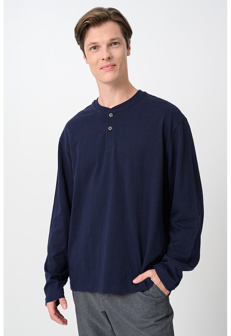 United Colors of Benetton Bluza cu maneci lungi si decolteu henley - Albastru ultramarin
