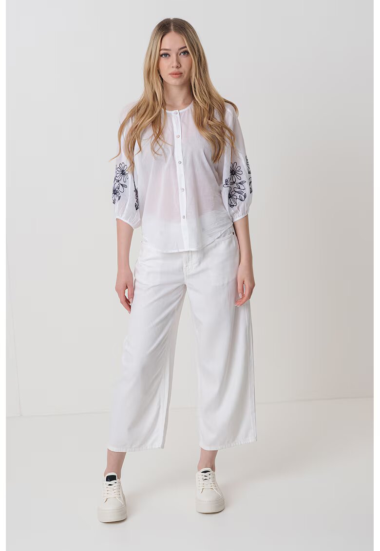 United Colors of Benetton Bluza de bumbac cu detalii brodate - Alb/Albastru ultramarin