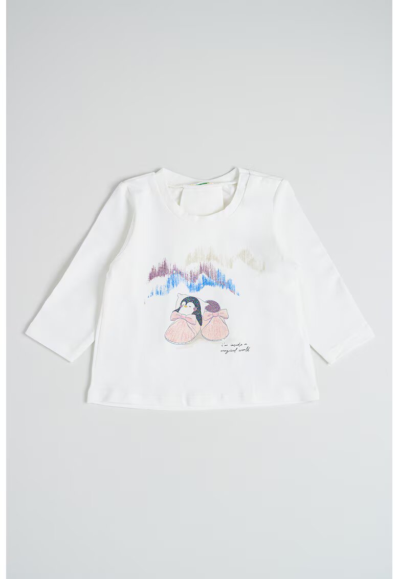 United Colors of Benetton Bluza din amestec de bumbac cu imprimeu - Alb fildes/Roz pal