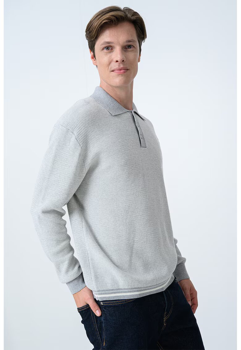 United Colors of Benetton Bluza polo tricotata cu mansete elastice - Gri deschis melange