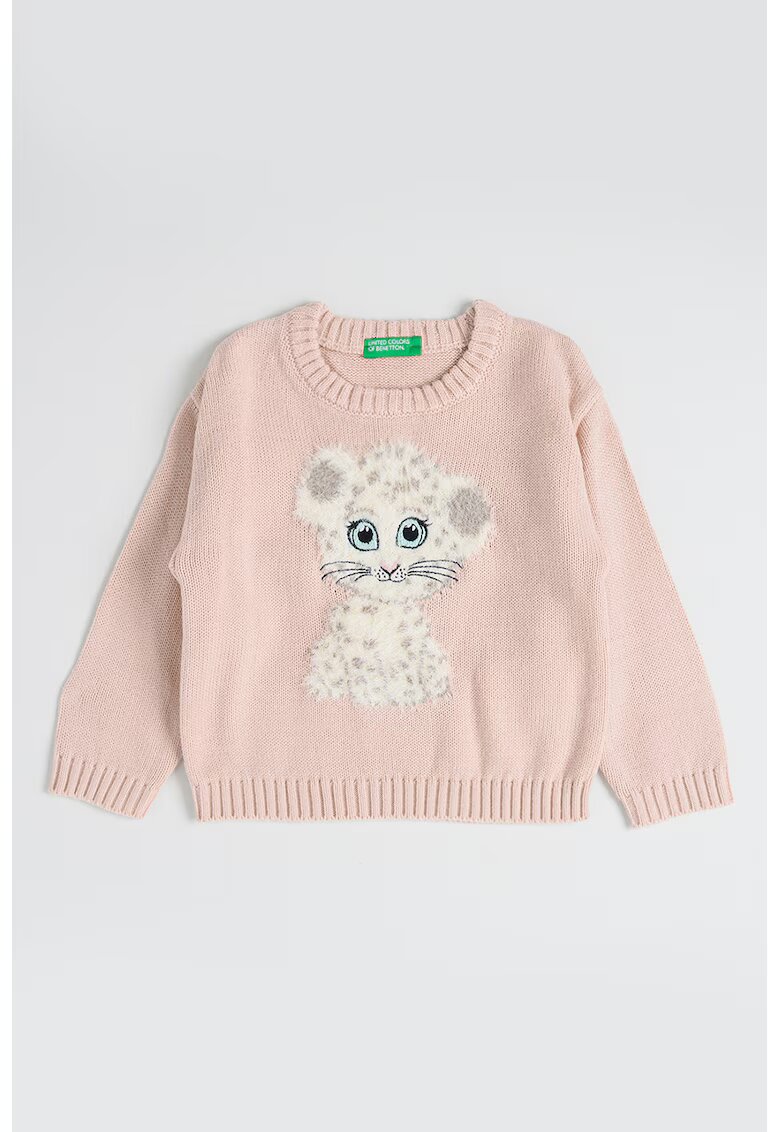 United Colors of Benetton Pulover cu model grafic si decolteu la baza gatului - Alb/Roz pal