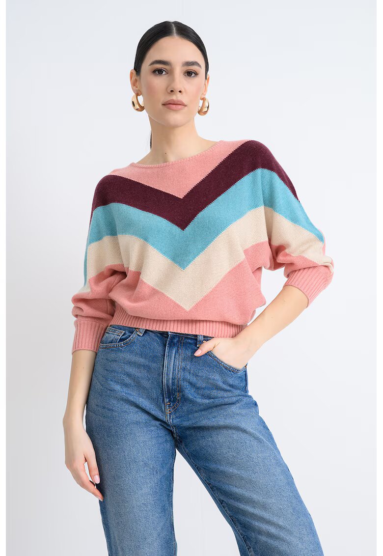United Colors of Benetton Pulover lejer cu dungi - Albastru deschis/Roz prafuit/Violet pruna