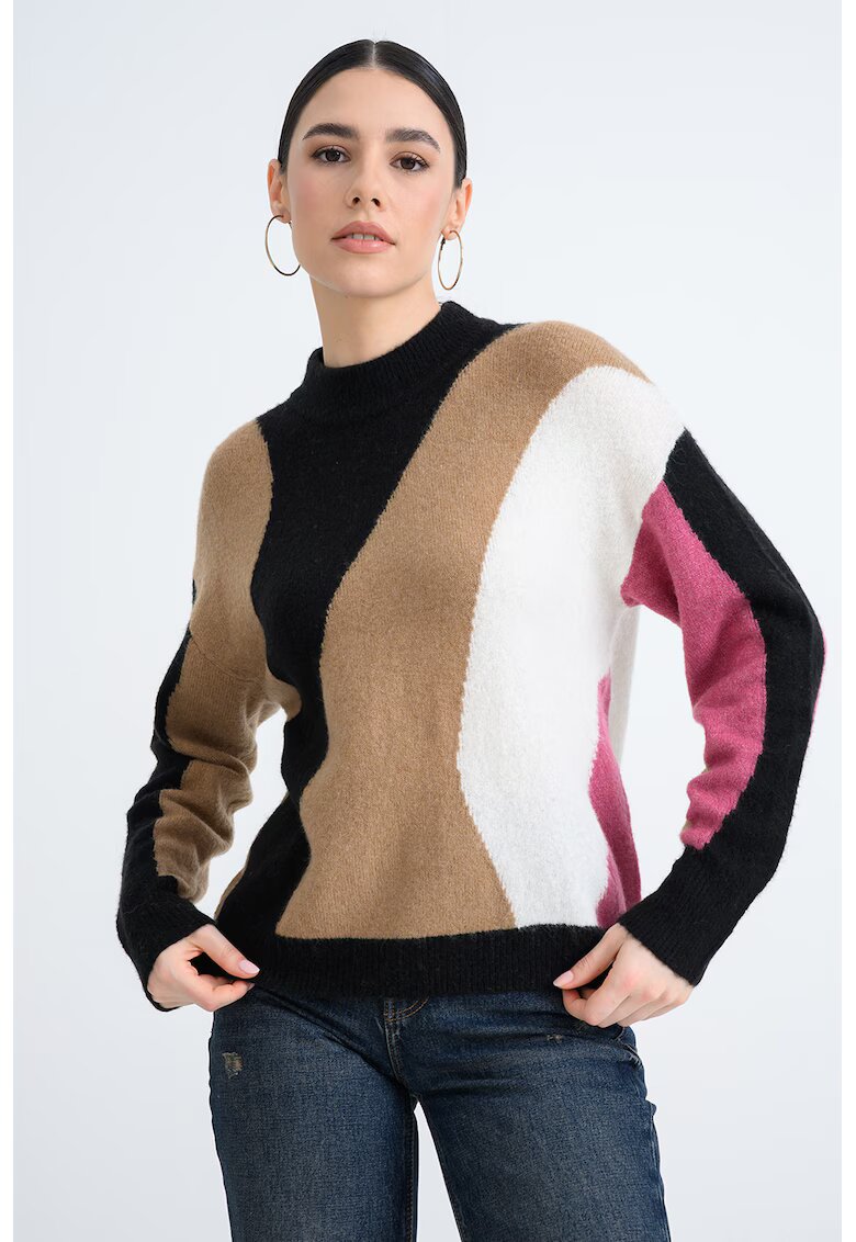 United Colors of Benetton Pulover regular fit cu decolteu la baza gatului - Negru/Fucsia/Caramel