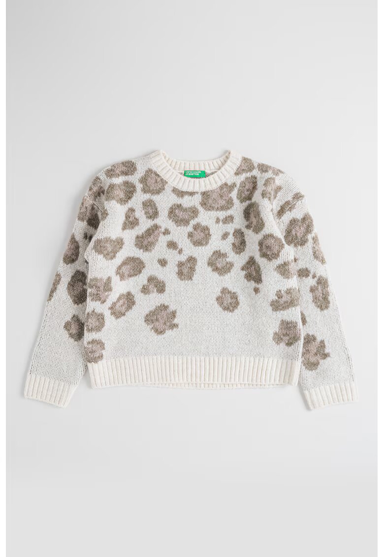 United Colors of Benetton Pulover tricotat cu animal print - Kaki inchis/Alb murdar