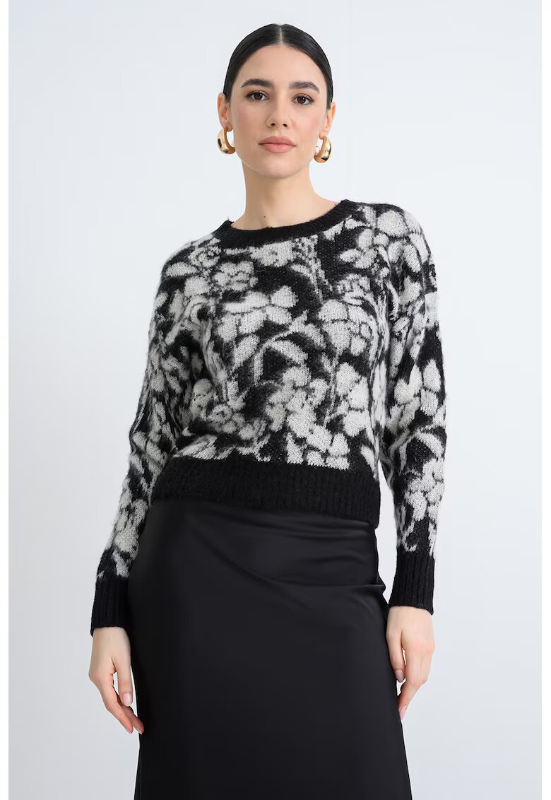 United Colors of Benetton Pulover tricotat cu imprimeu floral - Negru/Alb murdar