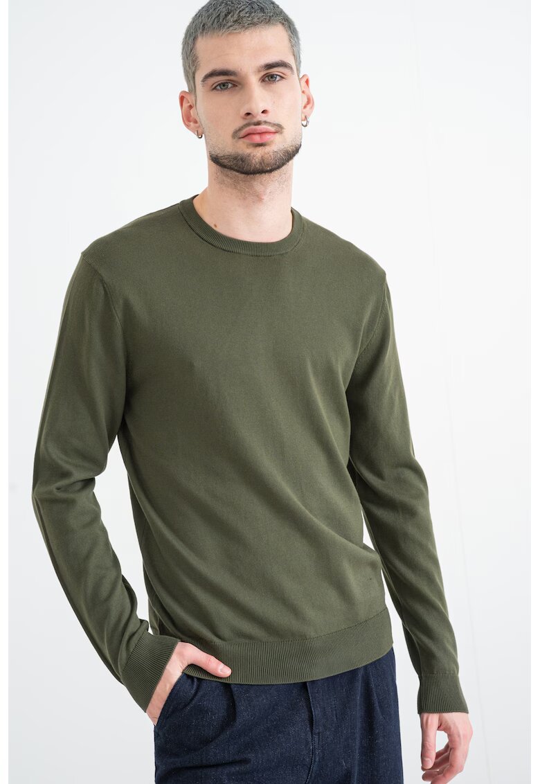 United Colors of Benetton Pulover tricotat fin cu decolteu la baza gatului - Kaki inchis