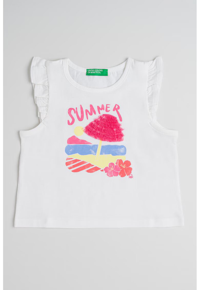 United Colors of Benetton Top de bumbac cu volane - Alb/Roz/Albastru