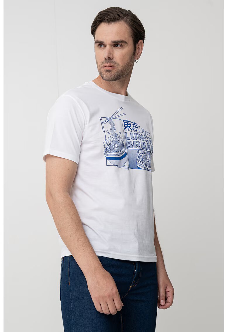 United Colors of Benetton Tricou cu decolteu la baza gatului si imprimeu - Alb/Albastru