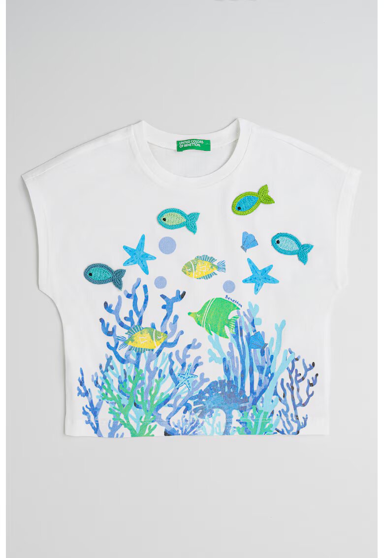 United Colors of Benetton Tricou de bumbac cu detalii crosetate - Alb/Verde/Albastru