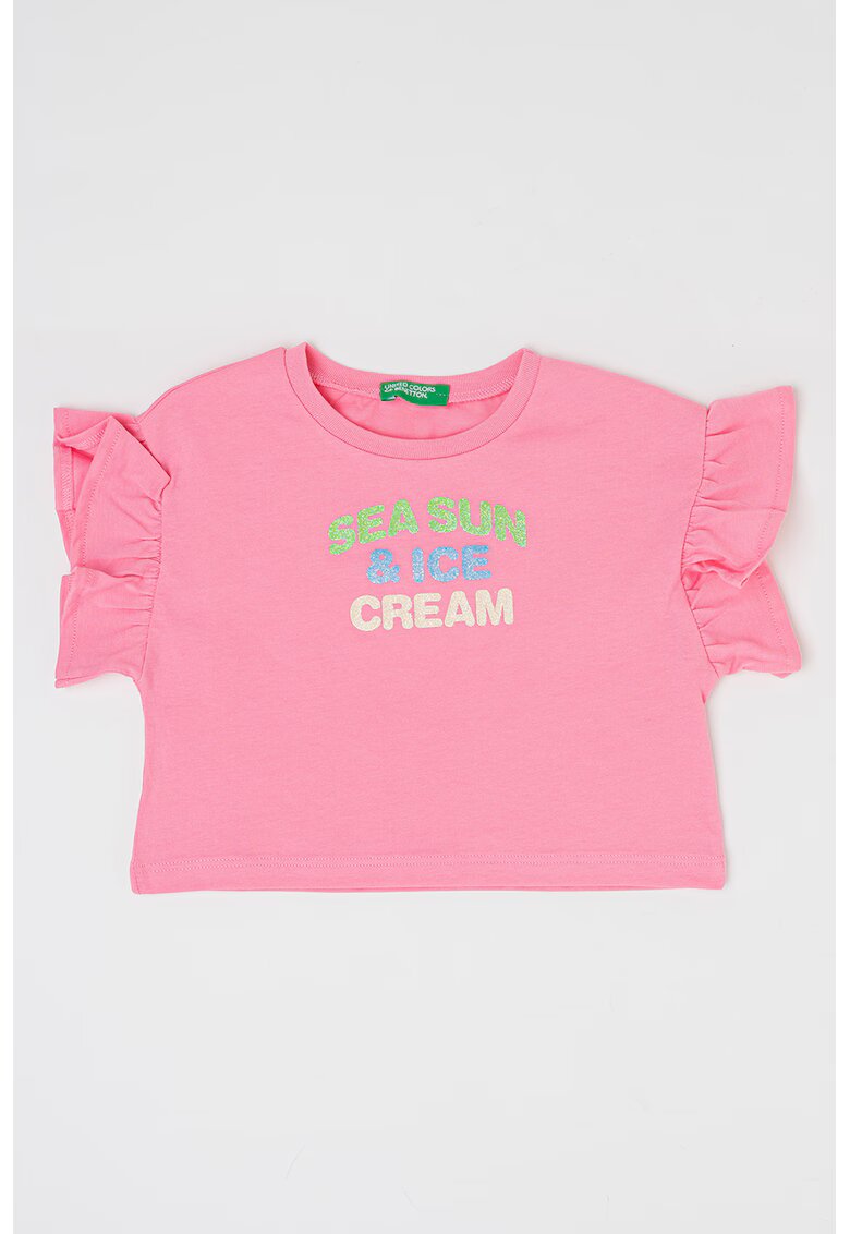 United Colors of Benetton Tricou de bumbac cu maneci cu volane - Roz