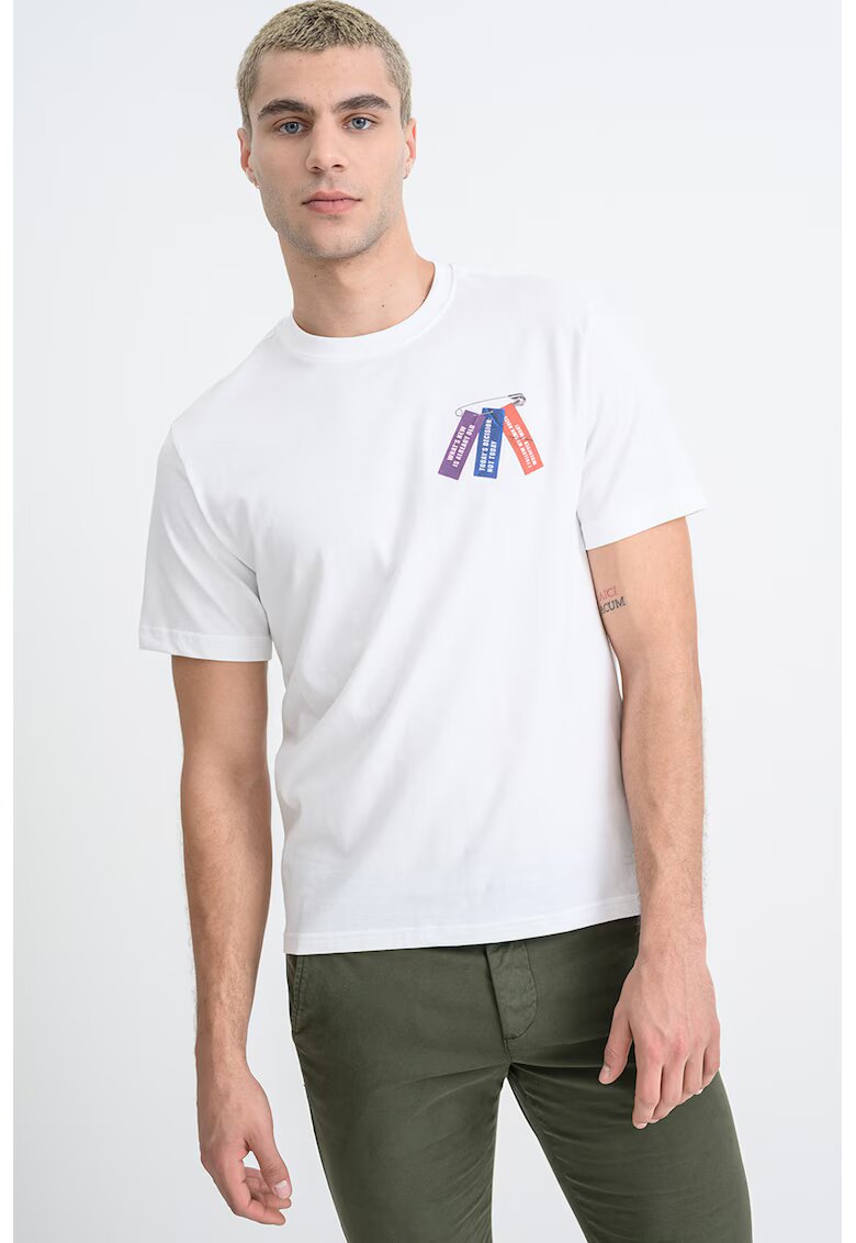 United Colors of Benetton Tricou din bumbac cu design text - Alb/Violet/Bleumarin