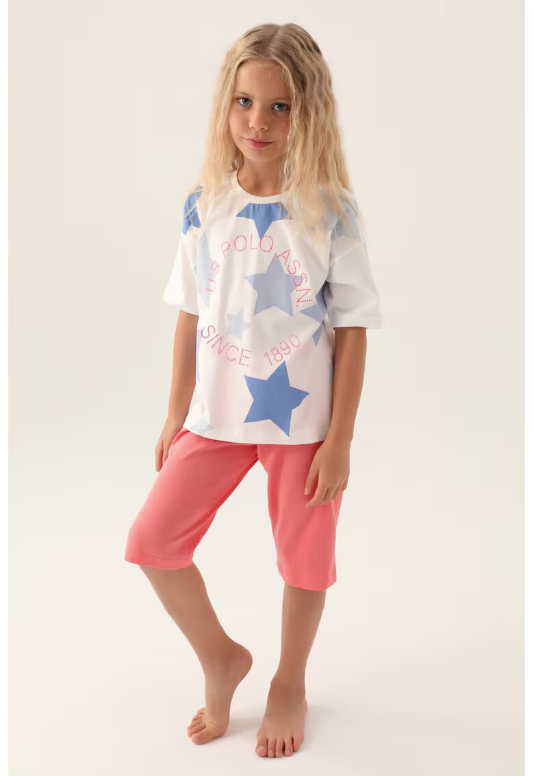 US Polo ASSN Pijama cu stele si maneci cazute - Alb/Roz