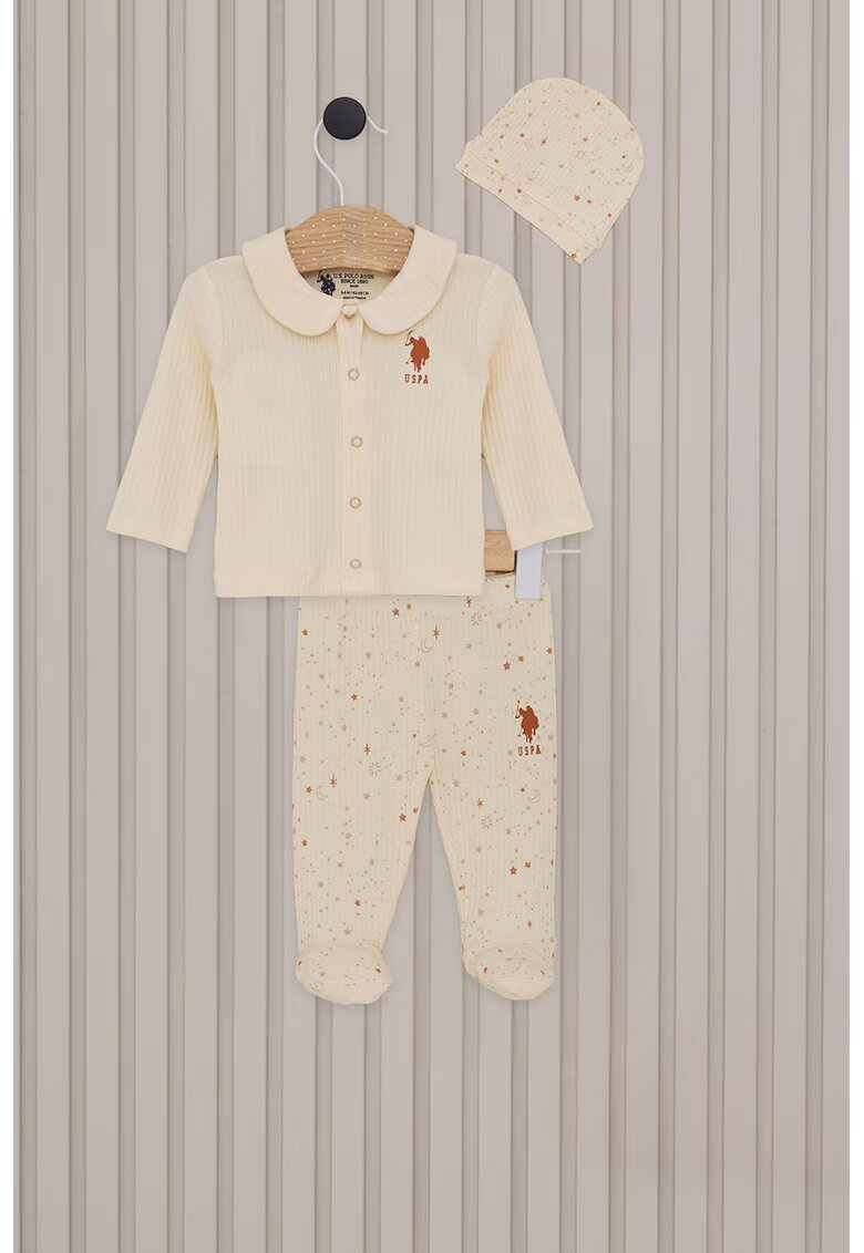 US Polo ASSN Set de colanti si camasa cu guler Peter Pan si striatii - 2 piese - Crem
