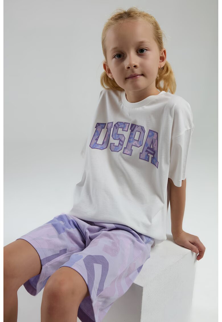 US Polo ASSN Set de tricou cu logo brodat si pantaloni scurti - 2 piese - Lila/Alb murdar