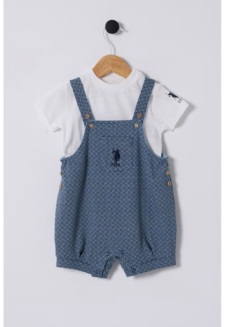 US Polo ASSN Set de tricou si salopeta scurta - 2 piese - Alb/Albastru lavanda/Bleumarin