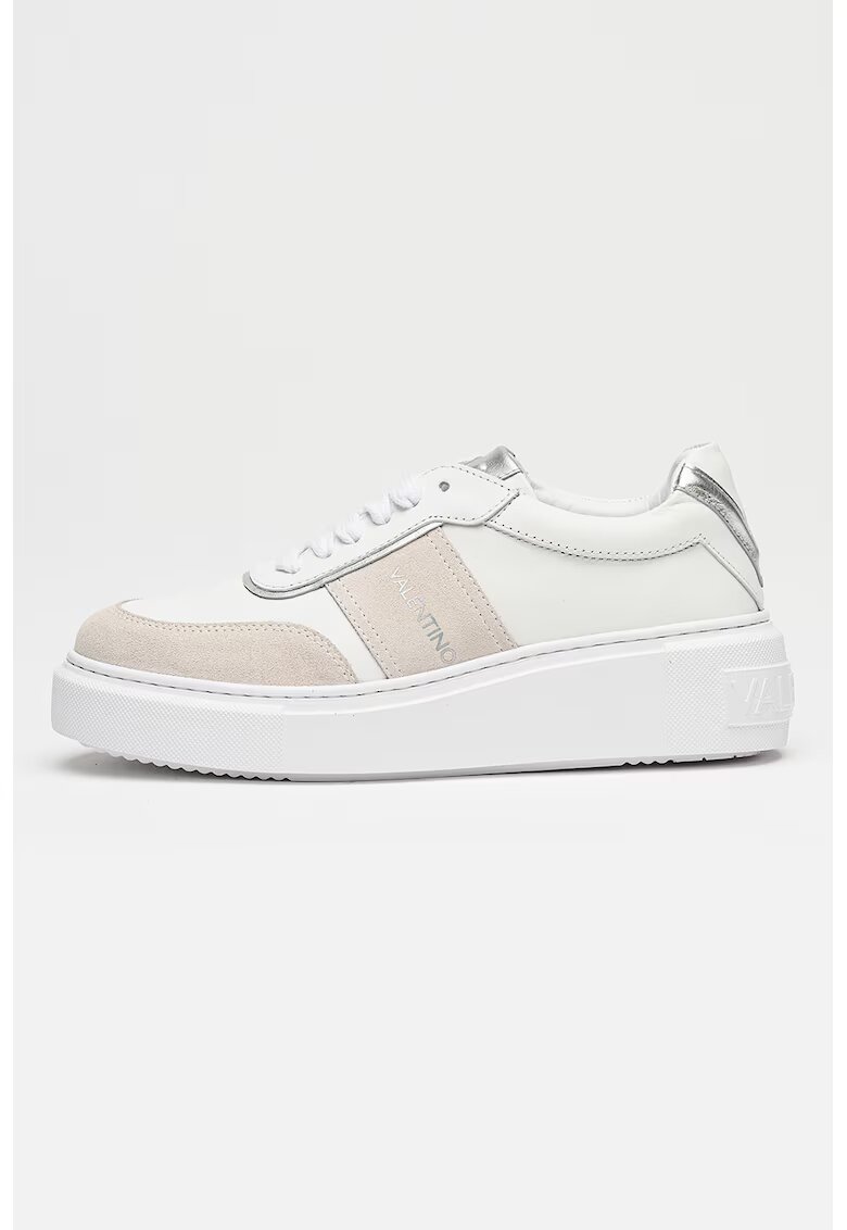 Valentino Pantofi sport de piele si piele intoarsa cu logo - Alb/Grej